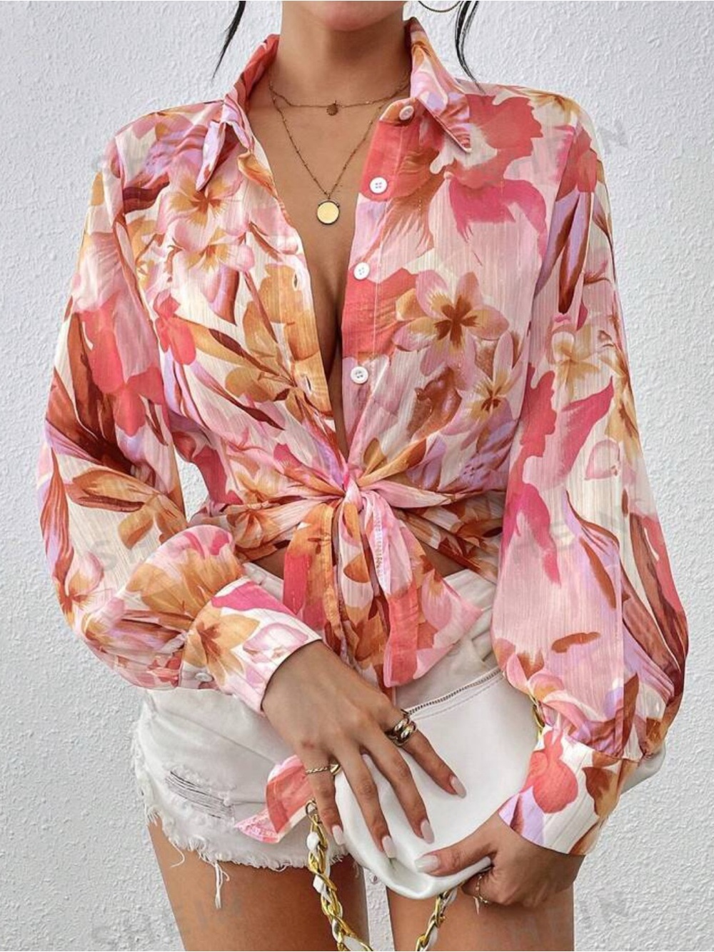 Pink Orange Floral Sheer Metallic Stripe Tie-Front Button Down Blouse Size L